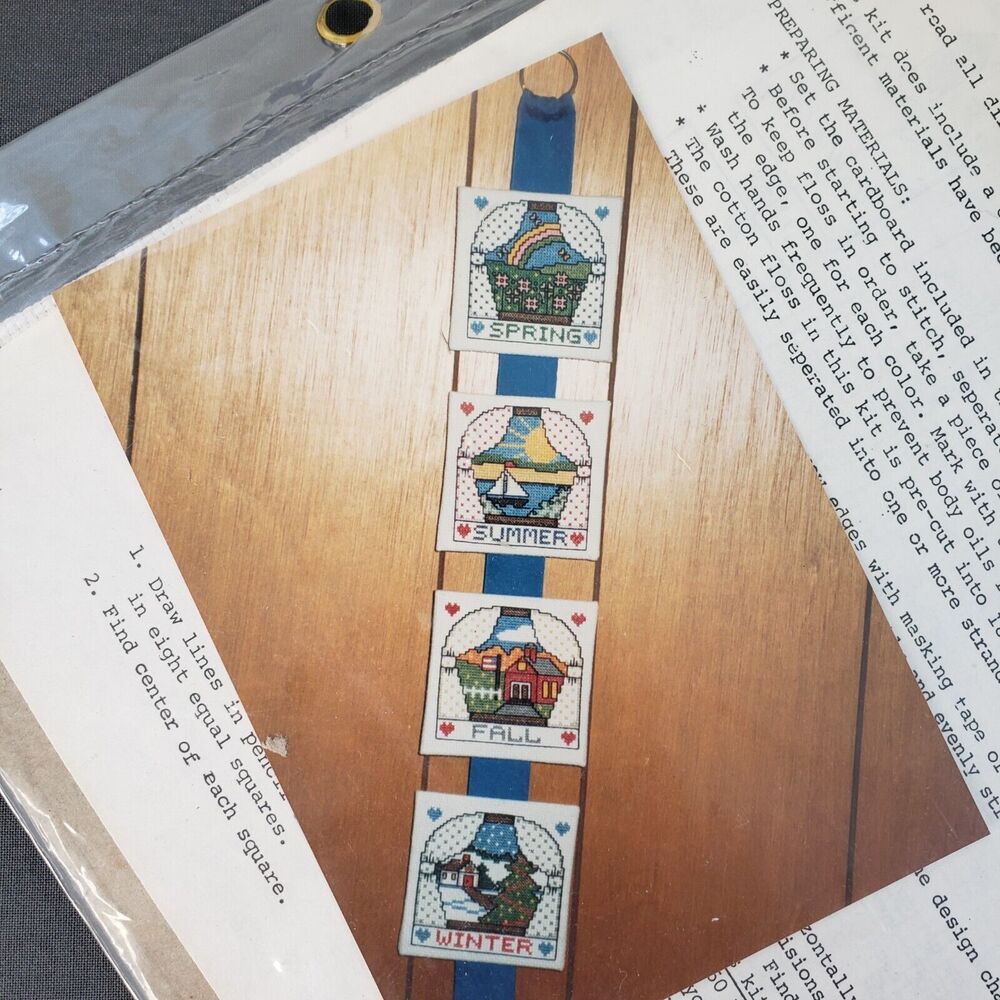 New Vtg 80s Sealed Counted Cross Stitch Kit 4 Seasons Bell Pull 3350-01